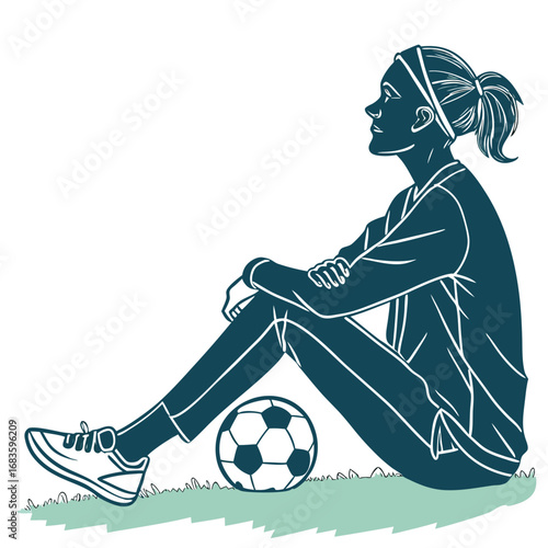 Female soccer player sitting with ball on grass woman