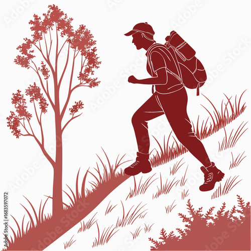 Hiker climbing uphill next to tree hiking