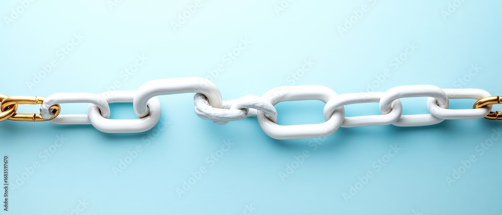 Fototapeta premium White and Gold Chain Links on Light Blue Background, Abstract Art Symbolizing Connection, Strength, and Unity with Broken Link Represents Challenges