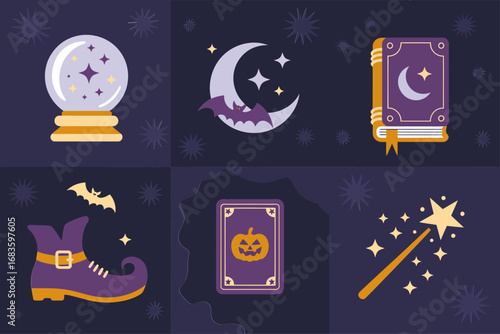 Witchcraft icon grid, crystal ball, crescent moon on book, enchanted spell tome, witch shoe with bats, magic wand stars, night palette vector