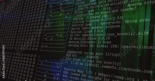 Displaying terminal showing Nmap scan on dark screen, with TCP ports, hex dump, green code stream