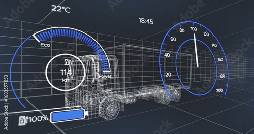 Displaying 3D truck wireframe rotating on 3D grid, with eco–power, range and battery indicators