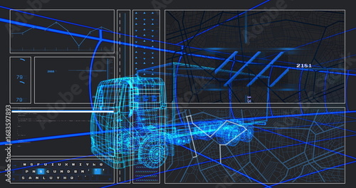 Displaying futuristic dashboard showing 3D wireframe truck model on spatial grid, with data panels