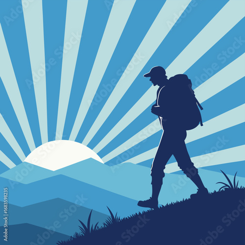 Hiker walking towards a rising sun over mountains hiking