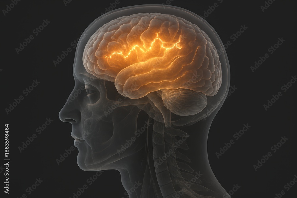 Obraz premium Brain Activity: An illustration of a human brain with highlighted activity, symbolizing thought, knowledge, and the complexities of the human mind. 