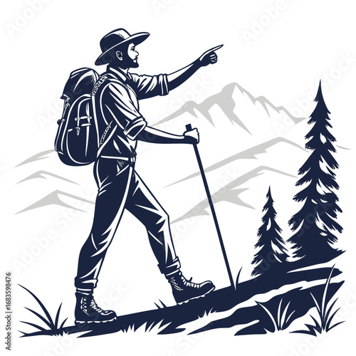 Hiker with backpack and walking stick pointing forward