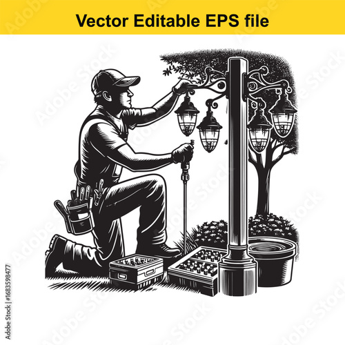 Gardener kneeling by a lamppost, trimming branches, vector illustration