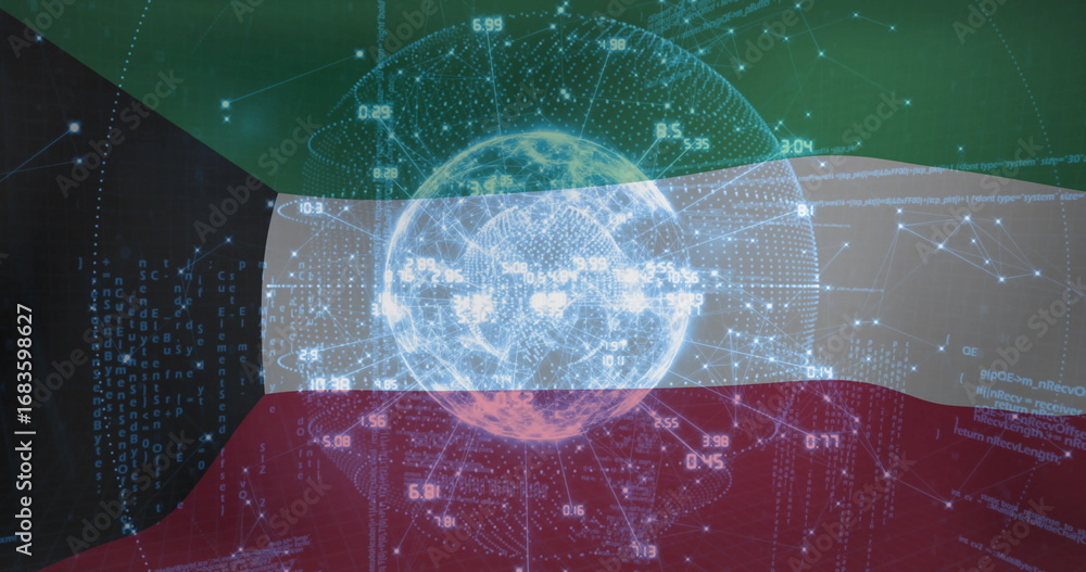 Obraz premium Displaying Kuwaiti flag in cyberspace featuring holographic globe with floating code, network nodes