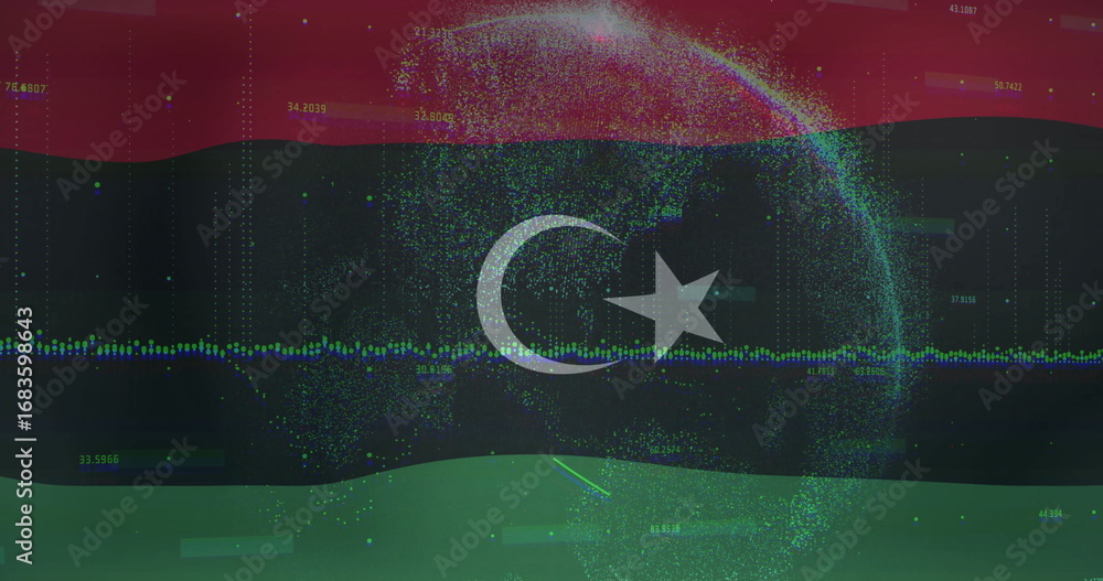 Fototapeta premium Point-cloud globe floating over Libya flag backdrop, with waveform numeric overlays and grid lines