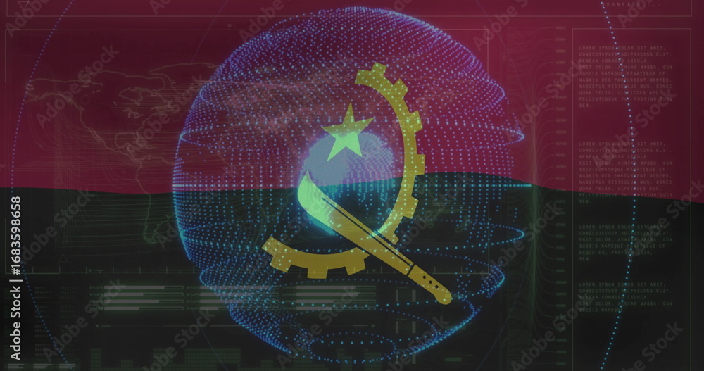 Fototapeta premium Rotating neon sphere displaying Angolan emblem in digital interface, with map overlay code lines