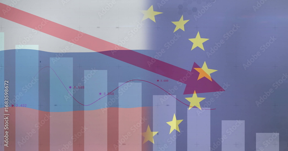 Naklejka premium Declining red arrow crossing translucent charts in digital graphic, with EU stars and flag shapes