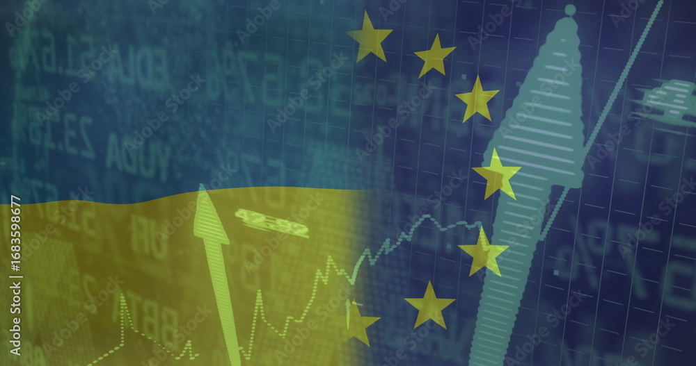 Fototapeta premium Displaying finance overlay on grid screen, with upward zigzag arrows, Ukrainian flag, yellow stars