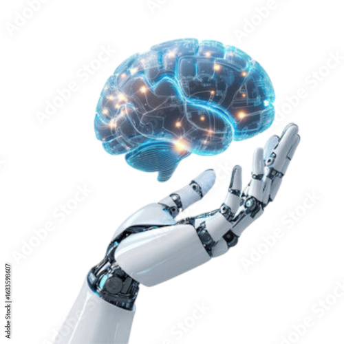 Robotic hand holding a glowing digital brain isolated on white background
