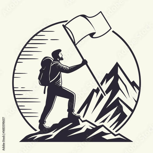Hiker with flag on mountain peak inside circle summit