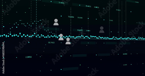 Wallpaper Mural Displaying teal data points trend line moving on screen, with grey user icons, numeric labels Torontodigital.ca