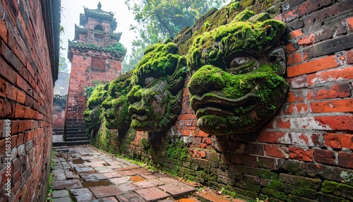 Moss-covered stone faces on a brick wall,?ancient Asian architecture