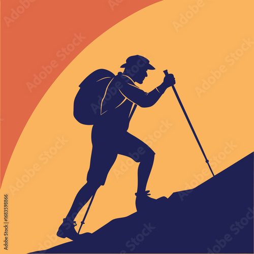 Hiker with trekking poles climbing a mountain silhouette
