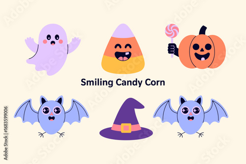 Smiling candy corn banner, friendly ghost and pumpkin, bat with wings and witch hat, soft beige background, kawaii halloween composition, vector illustration, web header, sticker elements