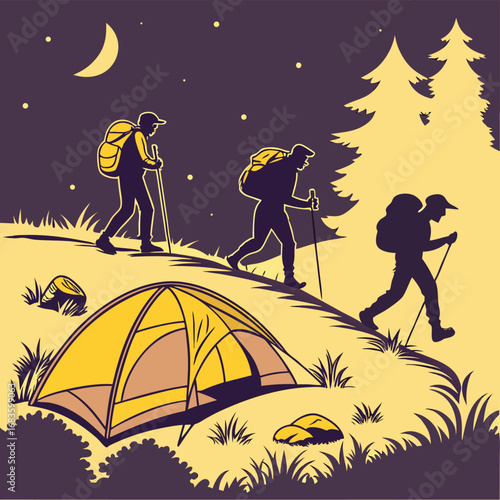 Night hikers with tent and moon hiking camping