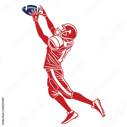 Red American football player jumping to catch ball