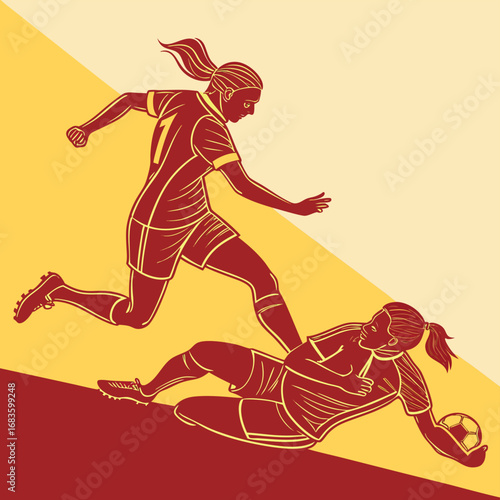 Two female soccer players competing for the ball football