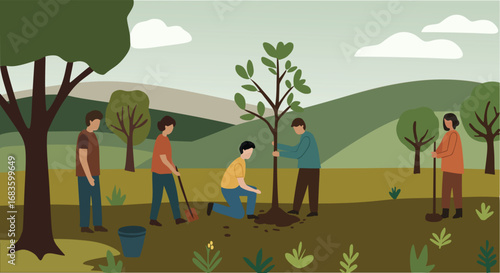 People Planting Trees in Nature Vector Illustration