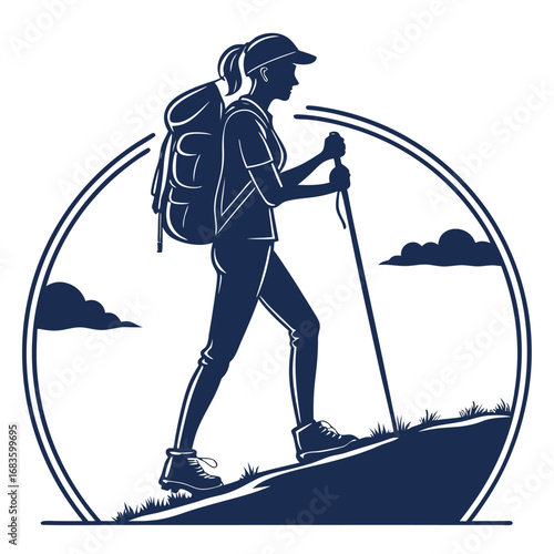 Woman hiking uphill with backpack and poles hiker trekking