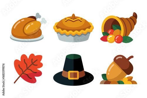 Thanksgiving icons set, roasted turkey and pie, cornucopia with fruits, autumn leaves, pilgrim hat, harvest celebration elements, vector illustration collection