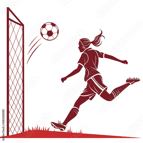 Woman soccer player kicking ball towards goal with red accents