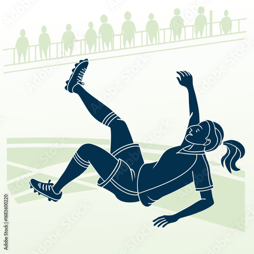 Woman soccer player performing bicycle kick on field