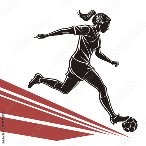 Woman soccer player kicking ball with red motion lines