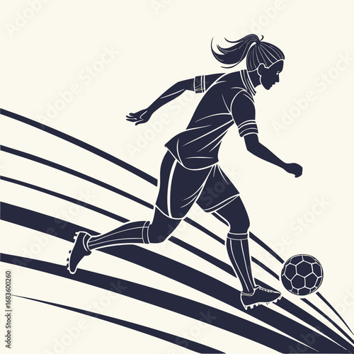 Woman soccer player running with ball and abstract lines