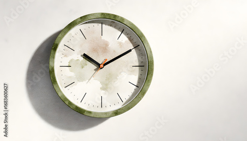 Wall clock with watercolor design showing time on white wall  