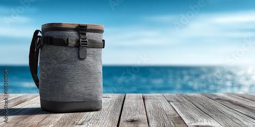 Gray backpack cooler bag on an outdoor wooden table with ocean and blue sky in the background, ideal for travel, picnic, and lifestyle product mockup placement