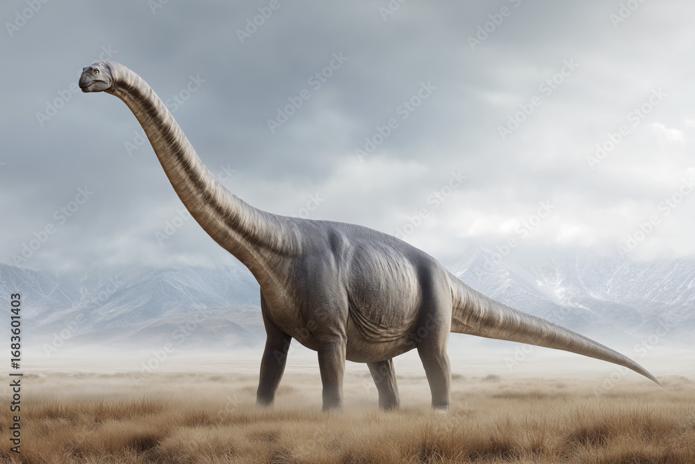 Obraz premium An impressive illustration of a Brachiosaurus dinosaur standing tall in a field with mountains in the distance. Its long neck and massive size are a sight to behold.