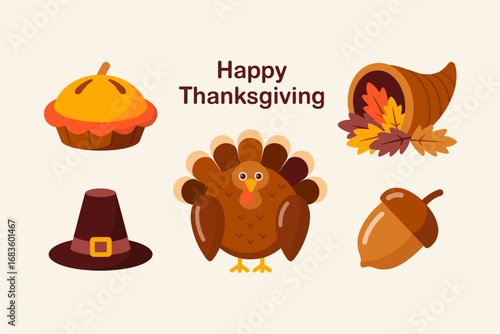 Happy thanksgiving greeting card, cute turkey with pilgrim hat, autumn leaves and pumpkin pie, warm holiday banner, family celebration vector illustration