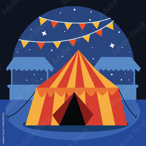  Festive Circus Tent Night Fairground Big Top Entertainment Vector Illustration Bunting Flags Market Stalls Starry Sky Vibrant Red Yellow Blue Celebration