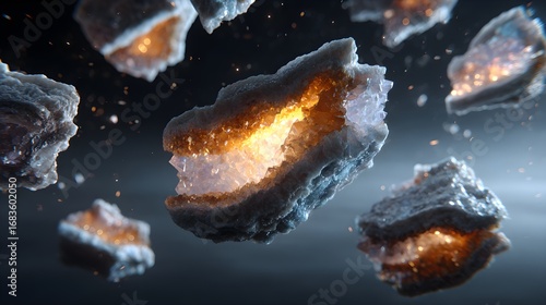 Floating crystal formations with glowing internal light, dramatic energy, abstract geological elements, dark background