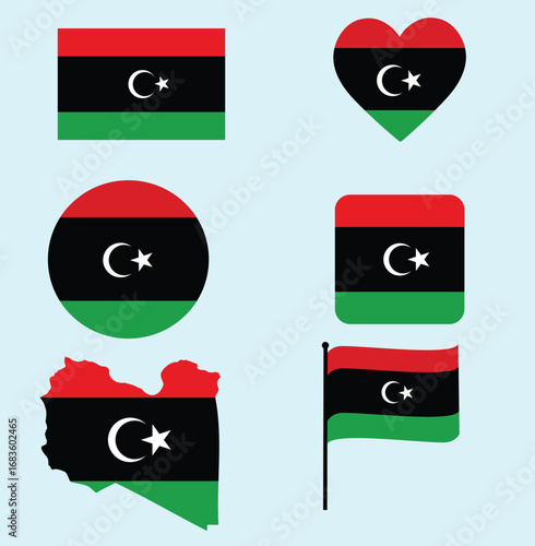 Libya National Flag with Red Black and Green Stripes,Libyan Arab Identity Flag Featuring Crescent and Star  
Waving Libya Flag Realistic Design for Patriotic Projects, Libya Flag, 