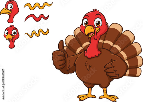 Cartoon turkey giving thumbs up, Thanksgiving mascot, cute brown turkey, happy bird character, white background