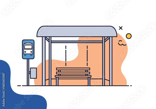 A modern urban transit shelter for public transportation waiting areas featuring a bench and informational signage