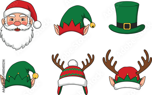 Christmas photo booth props set, festive hats and antlers, Santa mask, elf ears, holiday accessories, costume party props