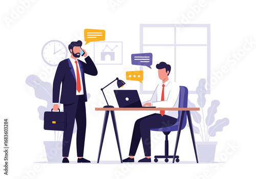 Business professionals collaborate in a modern office environment discussing project details