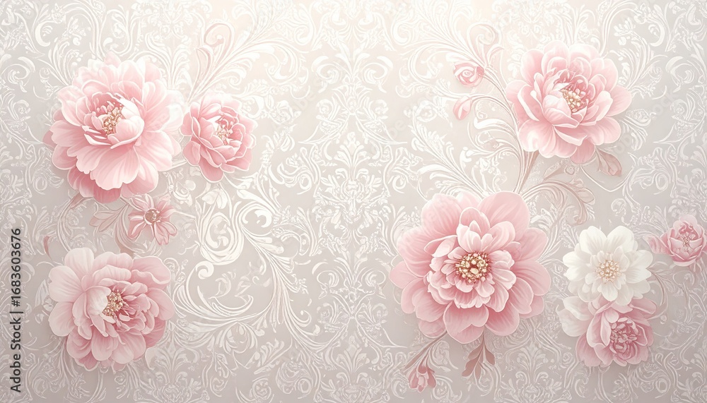 Fototapeta Delicate pink peonies on a light gray damask background