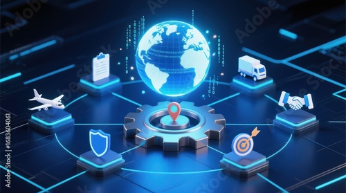 A glowing digital globe with logistics icons for air, delivery, tracking, partnerships, connected world theme, reverse logistics process, transportation logistics, global logistics