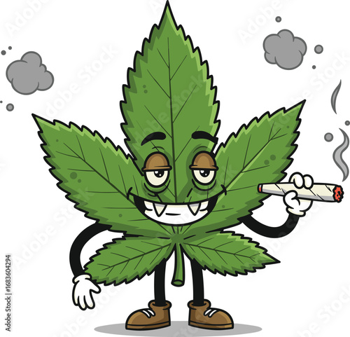 Funny cannabis leaf cartoon character, smoking joint, marijuana mascot illustration, weed humor, stoned expression, 420 art, vector graphic