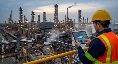 Engineer in safety vest and hard hat uses tablet to monitor complex industrial petrochemical refinery operations