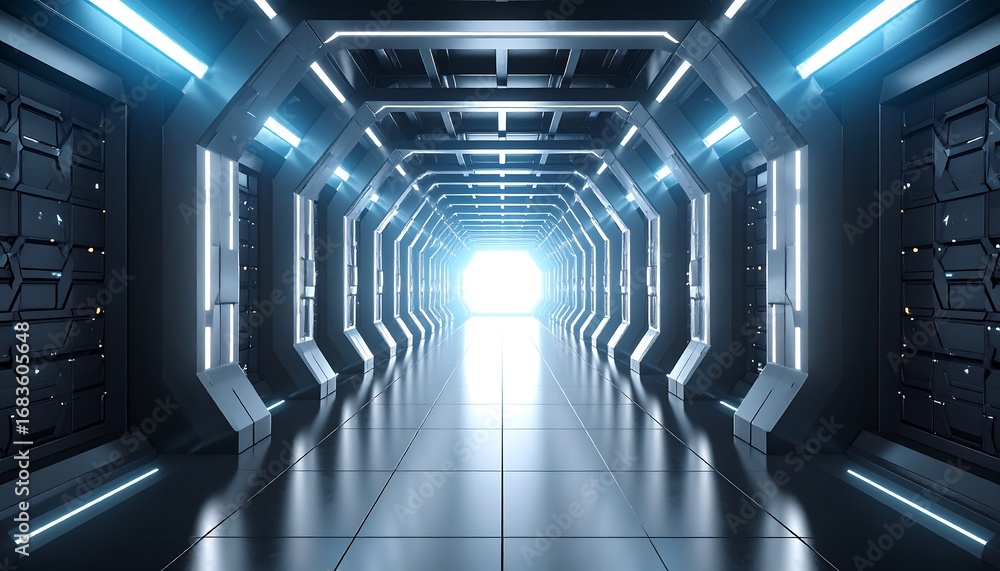 Fototapeta premium Walking Through Futuristic Corridor with Glowing Lights