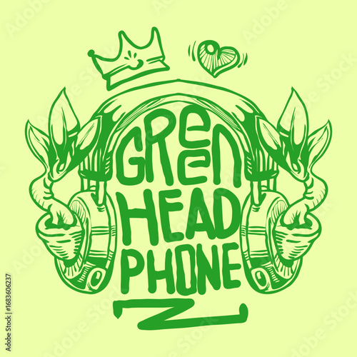 Green headphone with flowers and leaf, sybol of peace come from what you listen