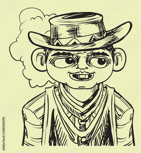 cowboy wearing hat with smoke backgtound vector hand draw illustration 